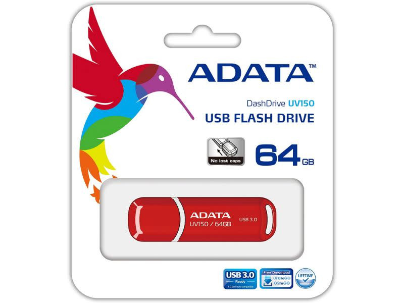 Adata UV150 64GB USB 3.0 Snap-on Cap Flash Drive Red