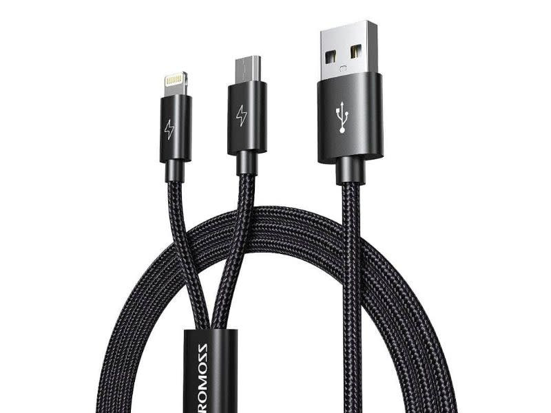 Romoss USB A to Lightning and Micro 1.5m cable Space Grey Nylon Braided Cable