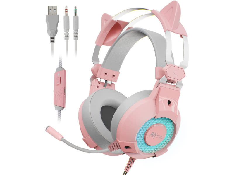 Royal Kludge E9000 RGB With Removable Kitty Ears Pink Wired Gaming Headset