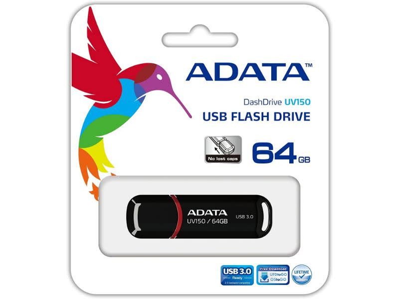 Adata UV150 64GB USB 3.0 Snap-on Cap Flash Drive Black
